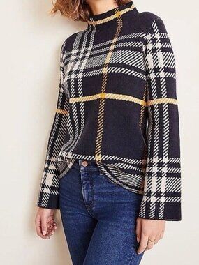 NWT Ann Taylor Sweater Women XL Plaid Knit Navy Yellow Preppy Chic Office Cozy